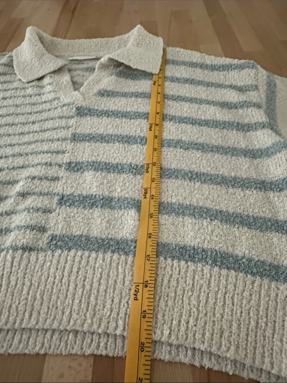 Altar'd State Cream & Light Blue Striped V-Notch Polo Sweater